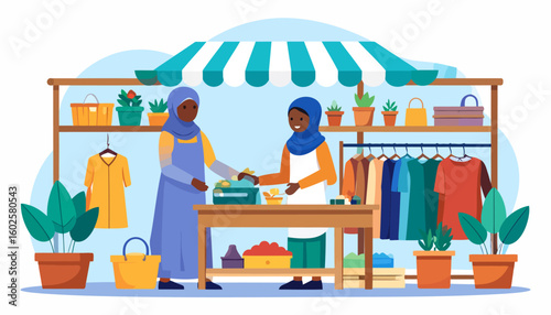 Two smiling Black Muslim women interacting at a colorful outdoor market stall selling clothes and plants.
