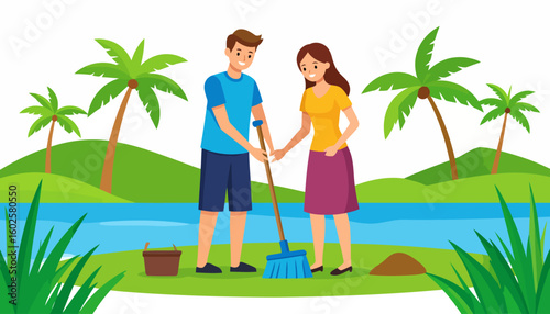 Happy young couple in casual attire working together, sweeping the ground with a blue broom.