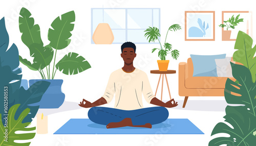 Serene Black man with closed eyes meditating in a cross-legged lotus pose on a blue mat.