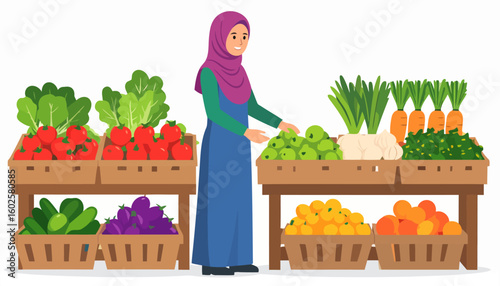 Smiling woman in a purple hijab and blue dress shopping for fresh vegetables at a market stall.