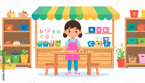 Cheerful cartoon girl in a pink apron learning in a colorful kindergarten classroom with educational toys.