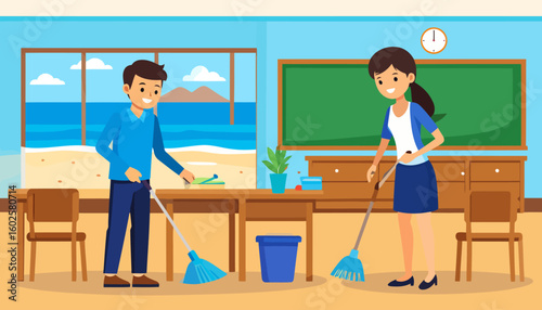 Cartoon illustration of a boy and girl happily sweeping their classroom floor with brooms.