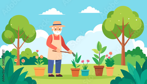 Happy senior man with a white beard and straw hat gardening with a trowel.