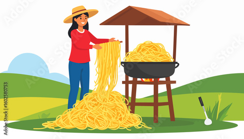 A smiling woman in a straw hat cooking an absurdly large pile of yellow spaghetti noodles from a cauldron over a fire.