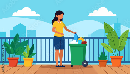 A woman in a yellow t-shirt and blue shorts sorting recyclable waste into a green wheeled bin.