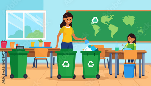 Teacher and student recycling waste in a classroom, promoting environmental education and sustainability.