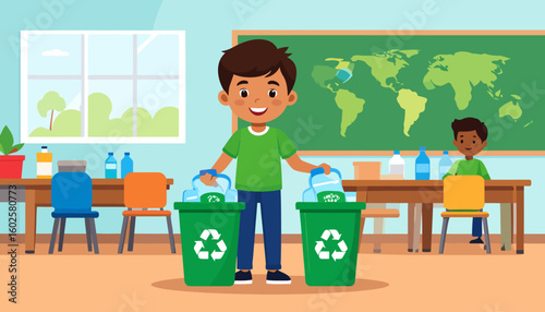 A smiling young boy in a green t-shirt sorts plastic bottles into green recycling bins.