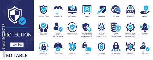 protection icon set. Featuring shield, lock, antivirus, safety, security, password, helmet, alarm, user protection, and guard symbols in blue color scheme.