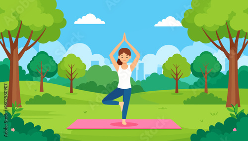 A smiling cartoon woman with a brown ponytail practicing the Vrikshasana yoga tree pose on a pink mat.