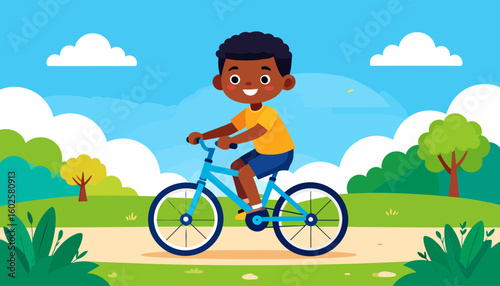 Cheerful dark-skinned boy with curly hair happily riding a bright blue bicycle.