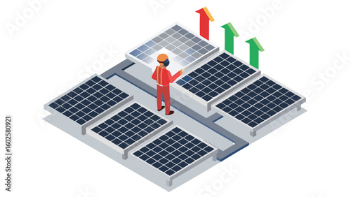 Isometric view of a worker installing solar panels with upward arrows indicating energy production