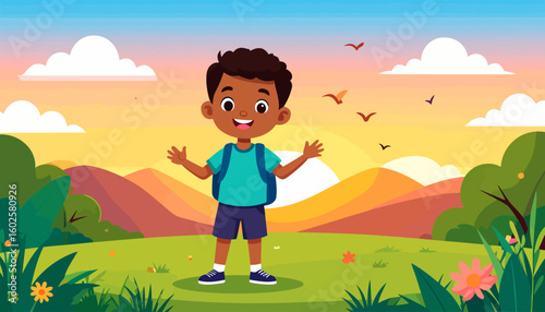 Happy cartoon student boy with dark skin and curly hair, wearing a blue backpack and smiling.