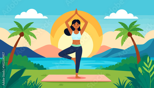 Smiling woman with dark skin and black hair practicing the yoga tree pose (Vrikshasana) in athletic wear.