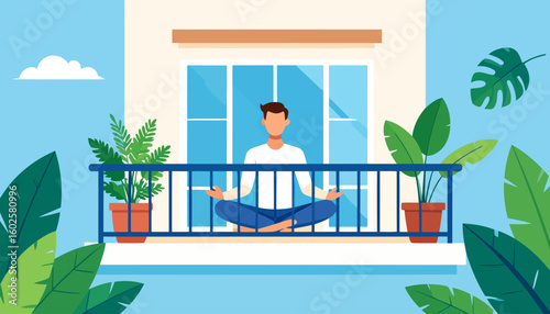 Calm man in a white shirt meditating in a lotus pose on a modern apartment balcony with potted plants.