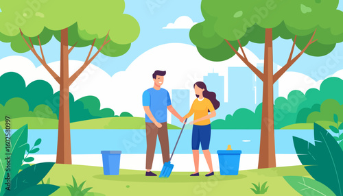 Young man and woman volunteers cleaning a park together with a blue dustpan and bins.
