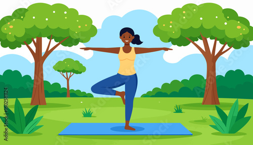 Smiling Black woman in a tree pose with arms extended, wearing yellow and blue yoga attire.