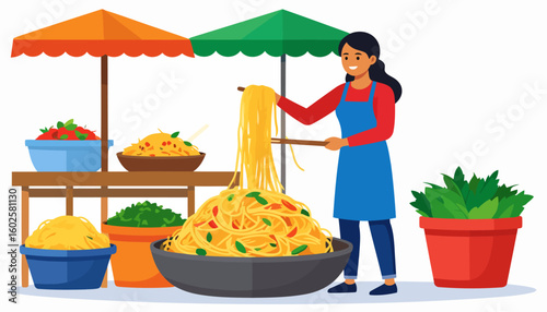 Smiling female street food vendor in a blue apron serving fresh Asian noodles with chopsticks.