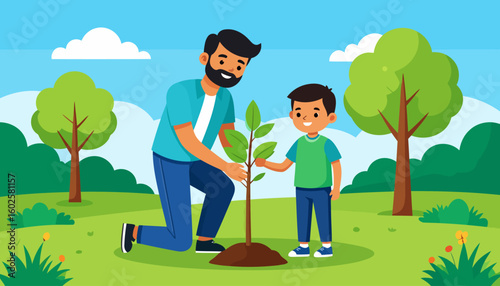 Cartoon illustration of a bearded father and his young son planting a small green sapling together.