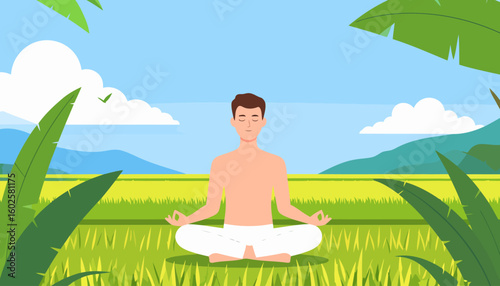 Serene shirtless man with brown hair meditating in a lotus pose with closed eyes.