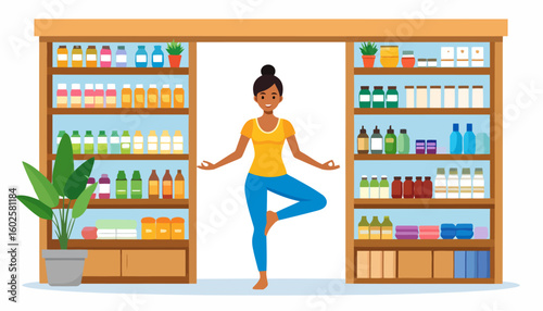 A smiling woman with a top bun hairstyle performs a yoga tree pose in yellow and blue activewear.