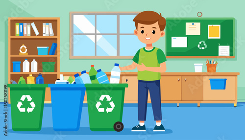 Cheerful young boy with brown hair recycling a plastic bottle into a green wheeled recycling bin.