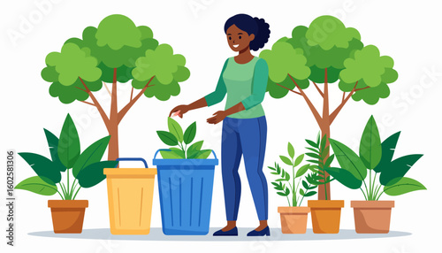 Smiling woman caring for plants, sorting organic waste into blue and yellow bins surrounded by trees.
