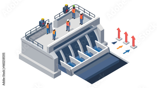 Isometric view of a hydroelectric dam with workers and directional arrows indicating flow paths