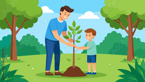 Smiling father and son in casual clothes planting a young tree sapling together. A flat illustration of family bonding and environmental care.