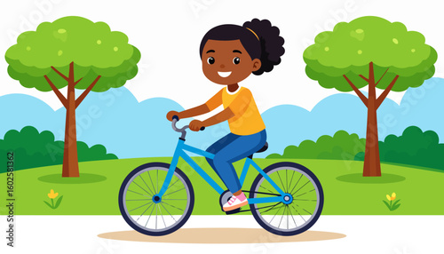 Cheerful African American girl with a curly ponytail riding a blue bicycle, wearing an orange shirt and smiling.