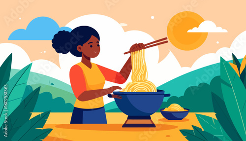 A cheerful dark-skinned woman with a bun hairstyle happily preparing noodles with chopsticks from a blue pot.