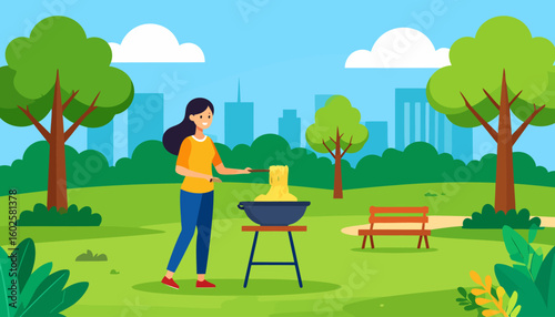 Smiling woman with long dark hair in an orange shirt cooking on a small barbecue grill.