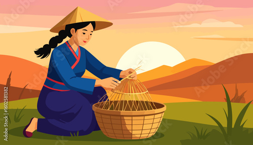 A serene Asian woman with a braided ponytail and conical hat, skillfully weaving a traditional wicker object.