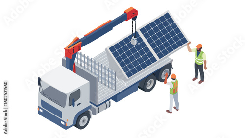 Workers installing solar panels on a truck using a crane for renewable energy project on a sunny day