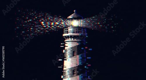 Lighthouse with digital glitch effect against dark night sky