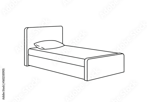 2d bed drawing. It is a black and white outline image of a 2D bed, depicting a piece of furniture for sleeping or rest, with a mattress and pillow. Vector sketch line art draw.