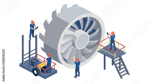 Isometric view of workers maintaining a large turbine with platforms and a lift vehicle present