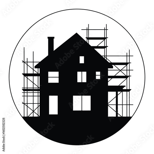 House under construction silhouette with scaffolding in a circle frame