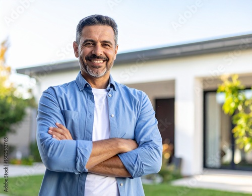 Smiling middle aged homeowner, happy mature older Latin man new property buyer modern villa owner or realtor salesman investor standing outside home posing outdoor near new house. Portrait. 