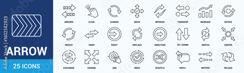 Arrow icon set. Containing cursor arrow, change, transfer, switch, swap, exchange, up, down and refresh symbol icons. Outline icon collection.
