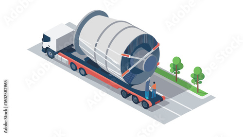 Isometric view of a flatbed truck transporting a large cylindrical object on a road with trees