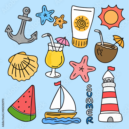계절 여름 바다 아이템 라인드로잉 아이콘(summer beach items line drawing icon set)