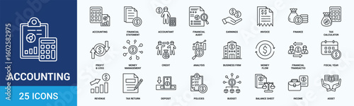 Accounting icon set. Containing financial statement, accountant, financial audit, invoice, tax calculator, business firm, tax return, income and balance sheet icons. Outline icon collection.