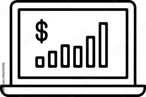 Laptop screen displaying a rising bar graph with a dollar sign indicating financial growth