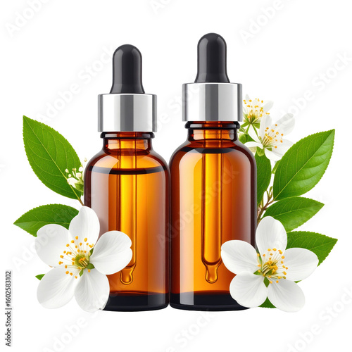Wallpaper Mural Two amber glass dropper bottles filled with golden liquid adorned with white flowers and green leaves isolated on transparent background. PNG die-cut for advertising Torontodigital.ca