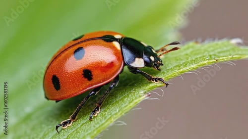 Ladybug Crawling on Green Blade of Grass