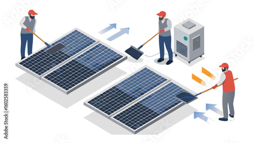 Workers cleaning solar panels with mops and a cleaning machine in an isometric illustration style