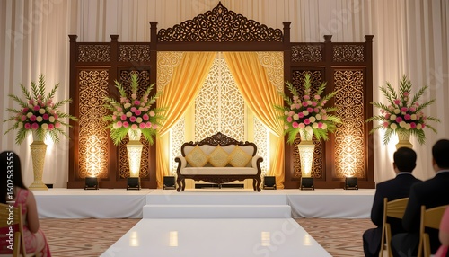 Traditional Malay wedding stage with carved wooden backdrop, songket fabric, and bunga telur decor