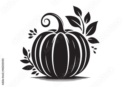 pumpkin with leaves logo silhouette vector, halloween pumpkin with leaves logo silhouette, silhouette of black pumpkin, autumn pumpkin logo silhouettes vector on white background 