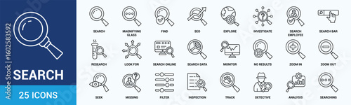 Search icon set. Containing magnifying glass, find, research, SEO and investigate icons. Outline icon collection. Vector illustration.