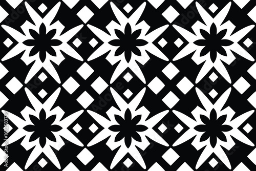 Vector art of a black and white geometric pattern with floral and diamond motifs